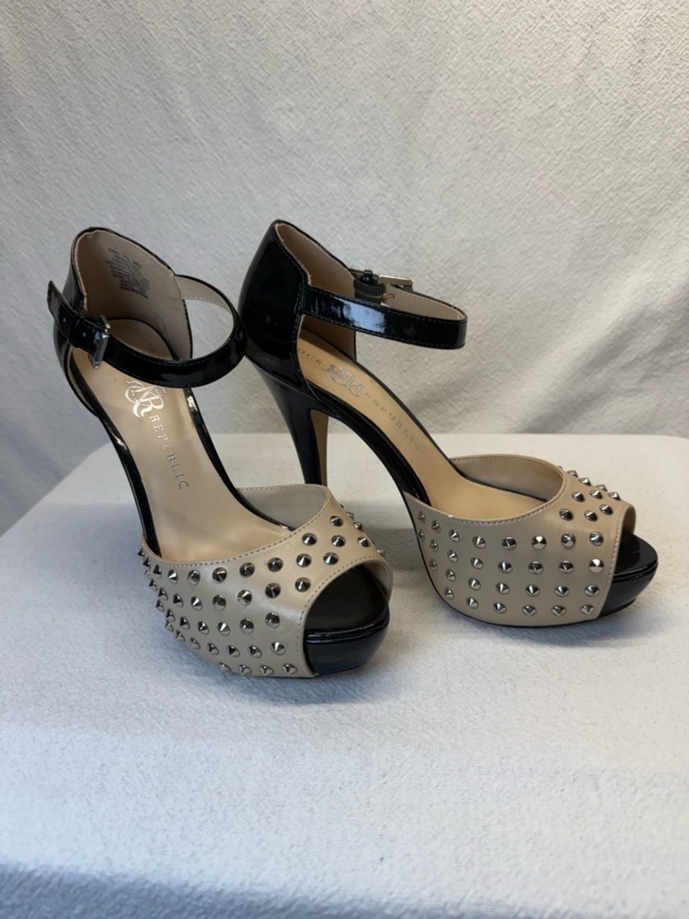 Edgy Studded Savage Style R&R Black & Beige Patent Platform Heels For The BADDIE
